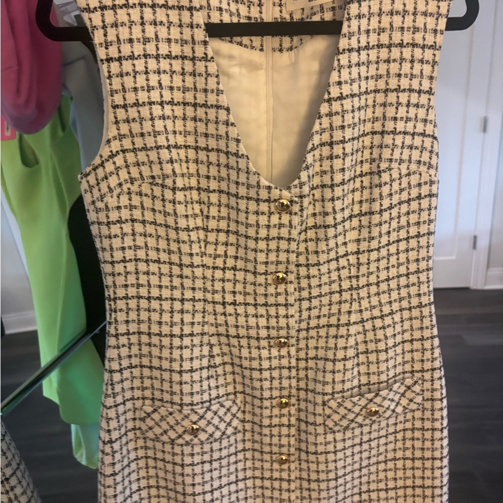 Cream and Black Tweed Sleeveless Shift Dress with Gold Buttons